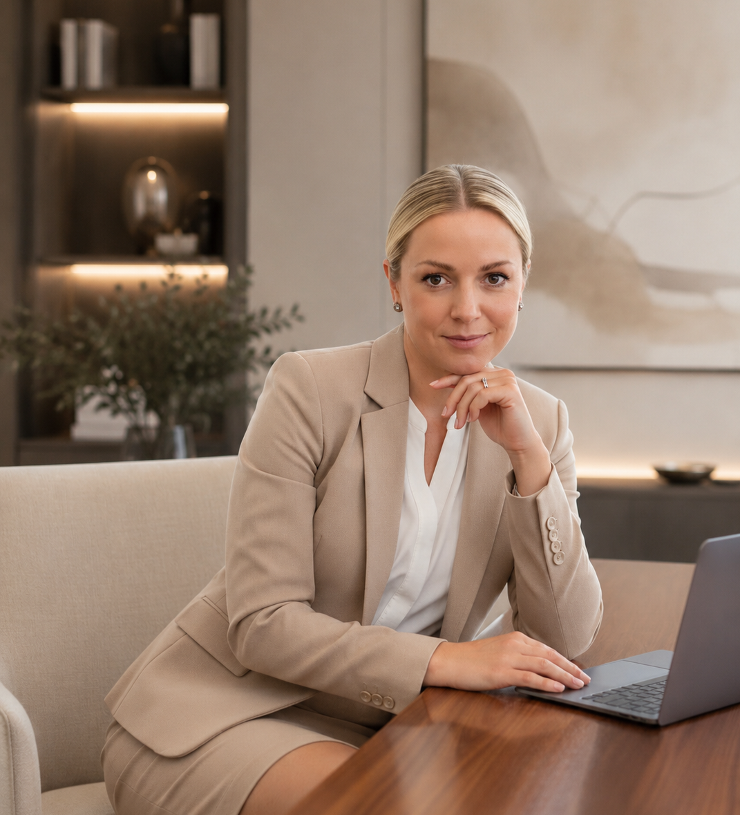Junge Frau in Anzug sitzt am Tisch mit Laptop und lächelt freundlich.